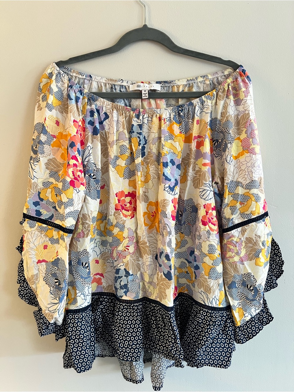 Free People Off-Shoulder Floral Peasant Blouse - Yellow, Blue, Pink, Navy